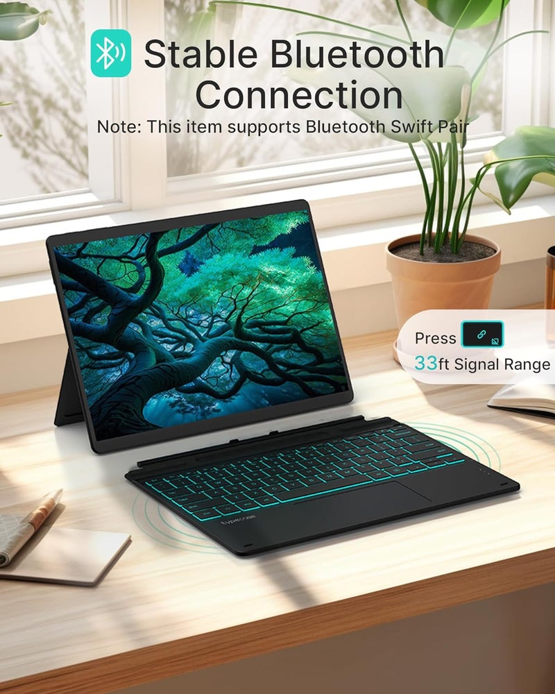 typecase لوحة مفاتيح Surface Pro 9، متوافقة مع Surface Pro 11 10 9 8 X، لوحة مفاتيح لاسلكية بحجم 13 بوصة مع إضاءة خلفية بـ 11 لون وحامل قلم - أسود غير لامع - Image 3
